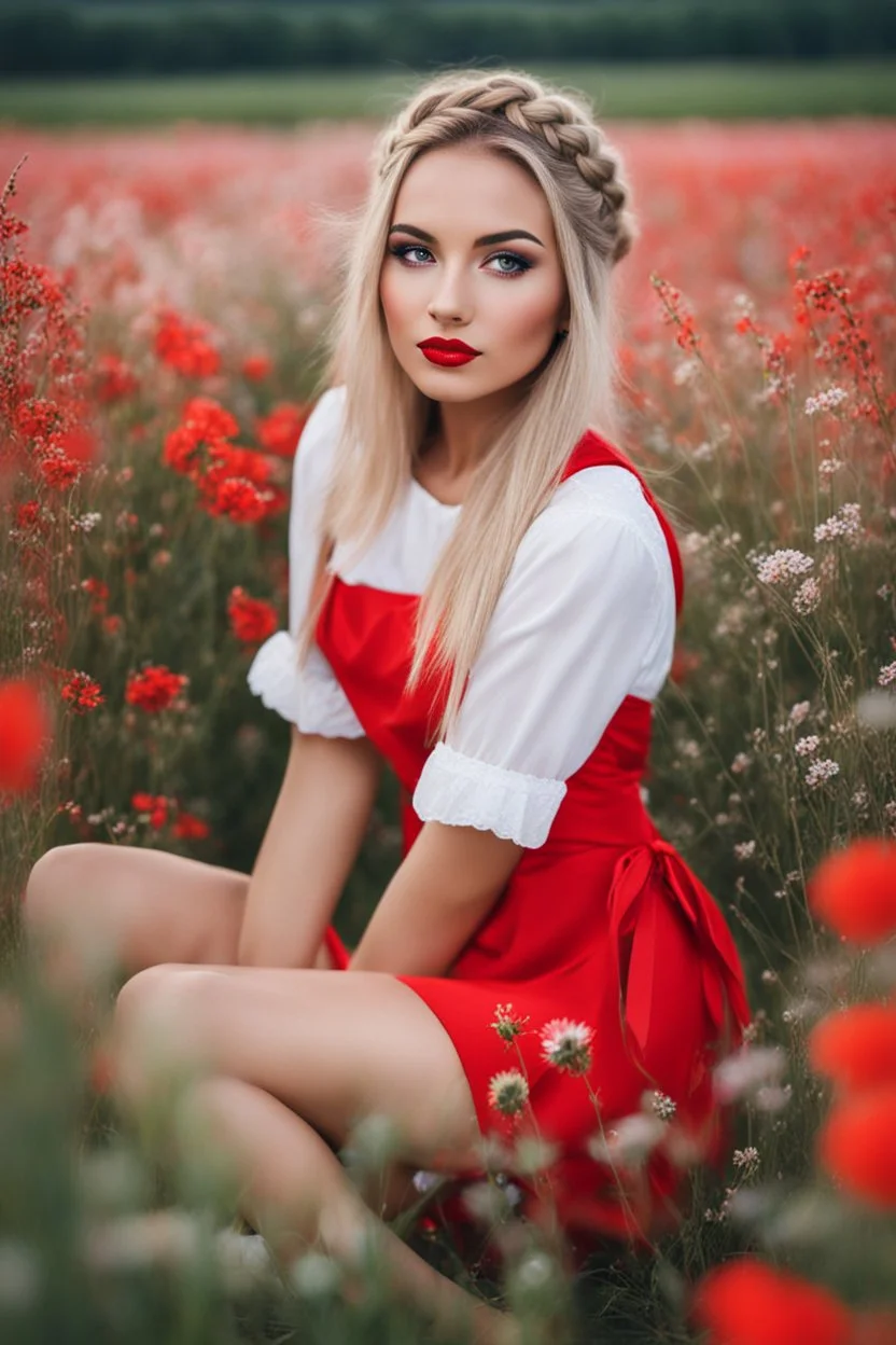 Beautiful russian girl, blonde hair, bold lipstick, wild color full flower field, braided bangs, braided bobcut, solo, apron,thick thighs, side-tie panties, black hair, 18yo,(on back:1.2) ,red dress, portrait