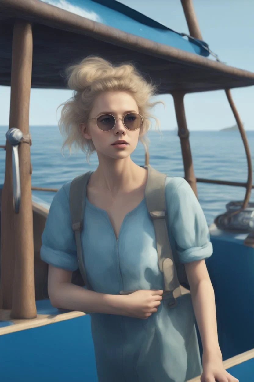 23 years old girl, with blond hair and a messy bun like selah sue. standing on in a blue boat, wearing blue clothes and holding binoculars watching something in the middle of the sea. You see the whole boat. You see the gril in front. It's a ferry. Wes anderson style. In front. Sarcastic vibe. Old school interior. she stands in the kitchen of the boat.