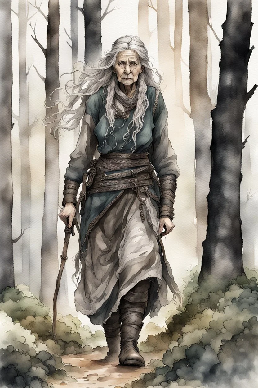 ink wash and watercolor illustration of an ancient grizzled, gnarled female vagabond wanderer, long, grey hair streaked with black, highly detailed facial features, sharp cheekbones. Her eyes are black. She wears weathered roughspun Celtic clothes, emaciated and tall, with pale skin, full body , thigh high leather boots within a forest of massive ancient oak trees in the comic book style of Bill Sienkiewicz and Jean Giraud Moebius , realistic dramatic natural lighting