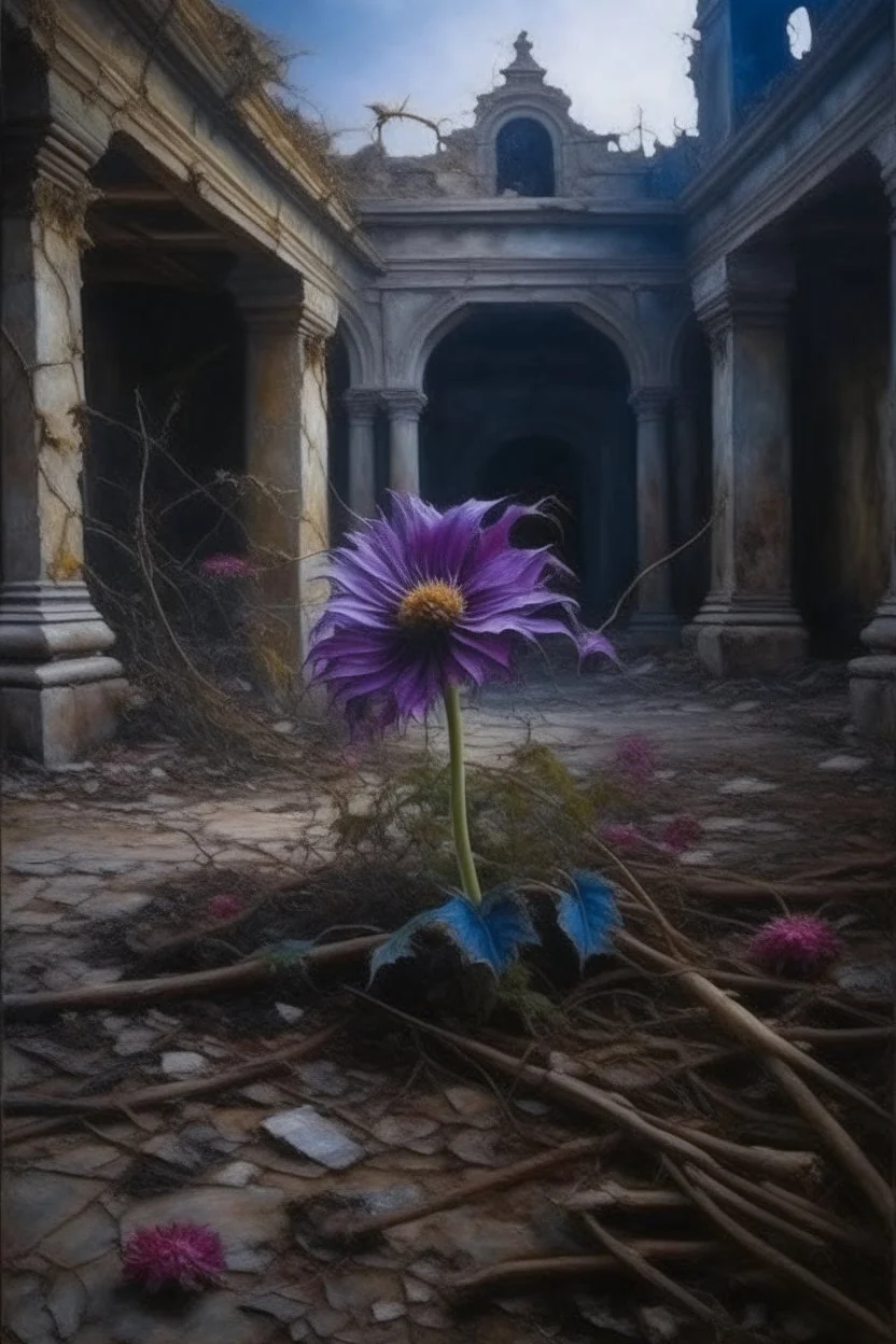 Oil painting of a purple flower amid withered and dead flowers in an abandoned garden in an abandoned palace in the ancient era Photorealistic