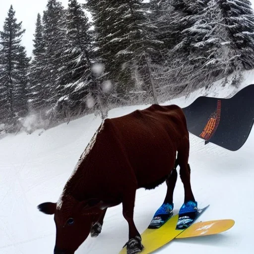 Snowboarding cow