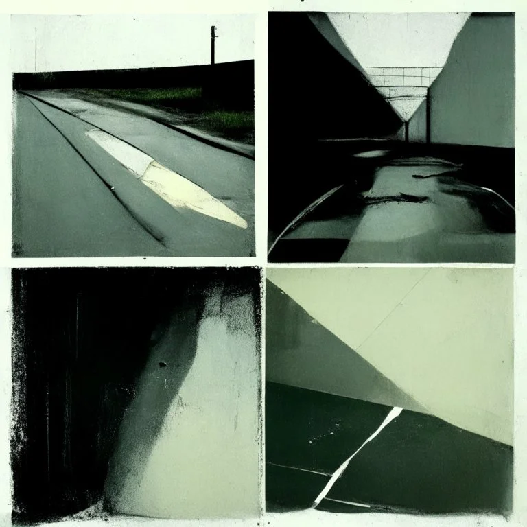 Minimal abstract oil paintings desolate 1960s carpark concrete fragments style of Justin Mortimer and Francis Bacon. road markings.