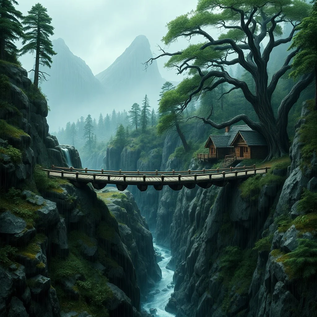 1 massive squat wooden bridge connects the over two gorge, between two tall rocky shores, sprawling, tall alien trees on both shores, log wooden houses in the distance in the background, rainy landscape, lush vegetation, massive trees,, high detailed, fantasy, cinematic