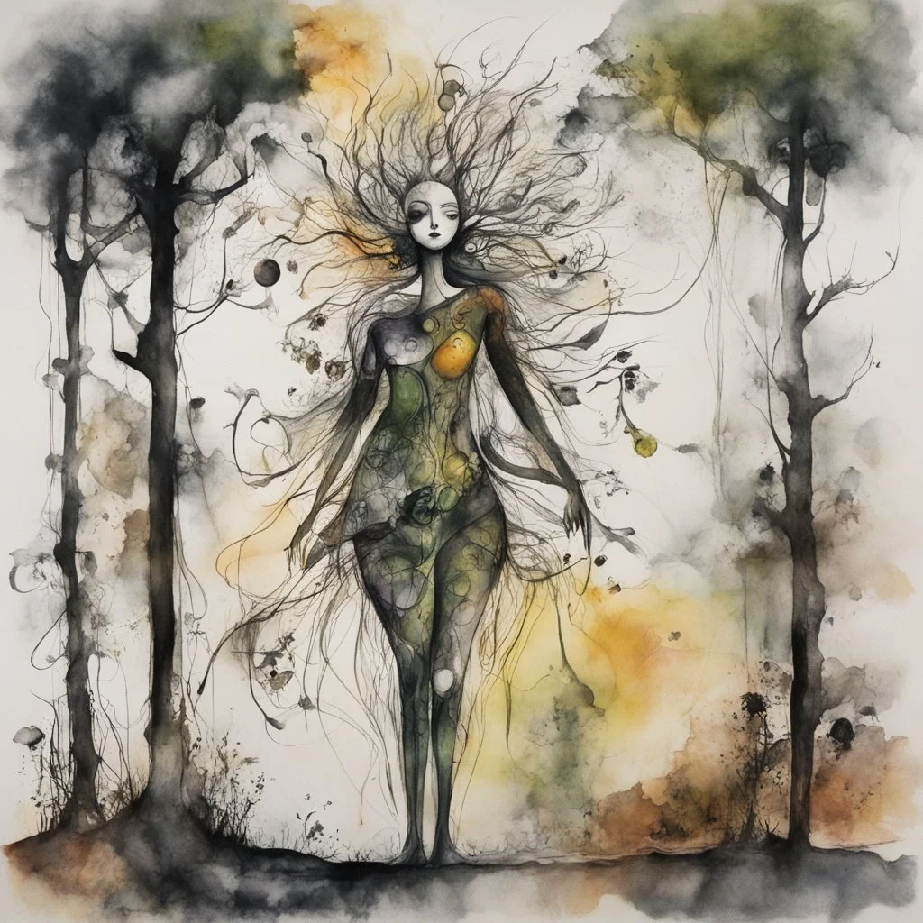 an abstract full body ink wash and watercolor lithographic print portrait illustration of her subconscious yearning to be as free as the unbridled wind whispering through an ancient forest , neo surrealism, biomorphism, abstract expressionism , striking, atmospheric, dreamlike, mystical, enigmatic, in the style of Joan Miro and Roberto Matta, in bold, vibrant plant based organic colors, boldly inked, hyper detailed , highly detailed feminine facial features, 4k