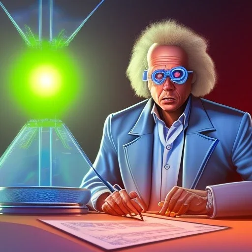 A shockingly detailed monochromatic vector illustration of "Doc Brown" examining a strange and otherworldly object while sitting at a research station desk, full-body shot, in diagonal profile, in the style of Philip Bond, asymmetric, eyepatch, inked outline, comic book drawing, character design, hyperrealism detail, on white background --v 4