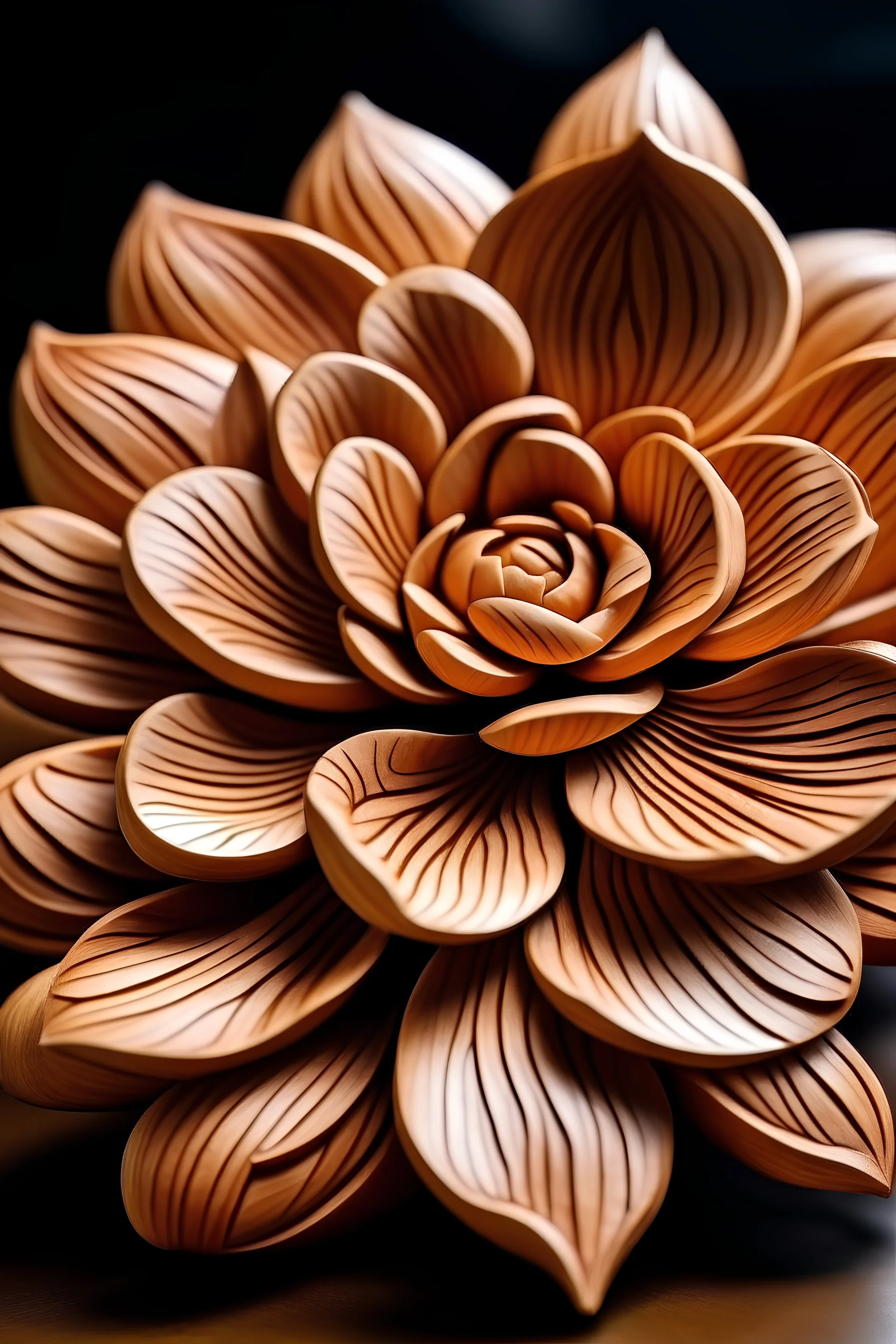 A flower carved in wood with large few petals