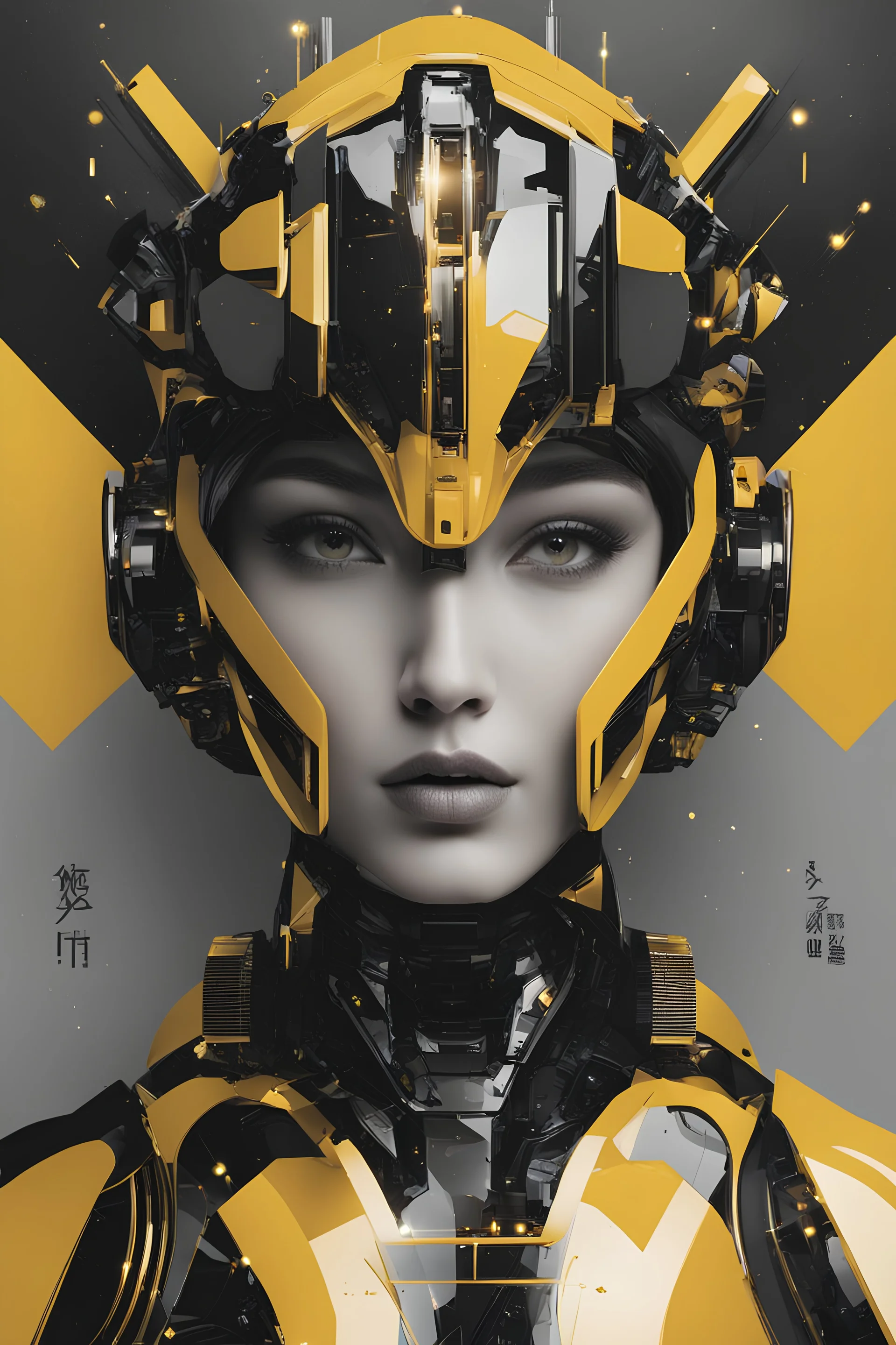 Woman, Poster design, bright, mechanical avatar, artificial intelligence, light-colored BLack and yellow robot, sense of luxury, poster art, layout design, AI, sense of technology, future, sense of design, plane composition, dot, line and surface design, sense of luxury, poster art, layout design