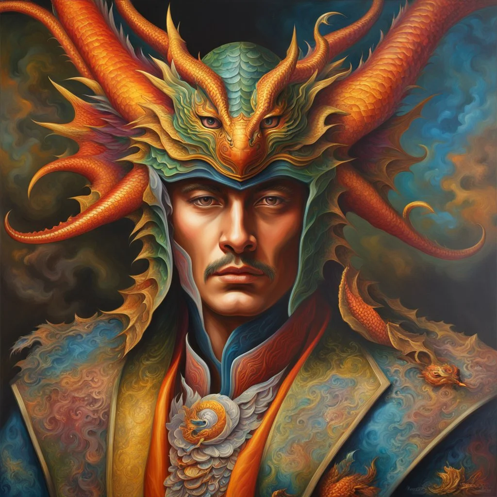 Hermosa pintura colorida de Dragman con antifaz de dragón en los ojos y en lacabeza, calidad ultra, hiperdetallado, increíble obra de arte, maximalista,12k