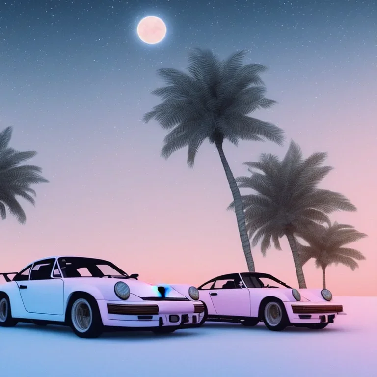 1980's aesthetic vaporwave palm trees with lighting with moon with porsche in the winter snow