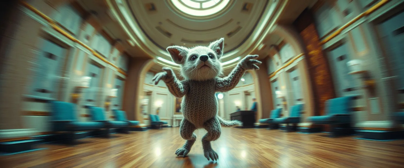 pin hole cam, knitted fluffy mean wolf alien gremlin badger star ship bridge captain dancing in a big hall in the style of Rembrandt and Escher and Dali, motion blur