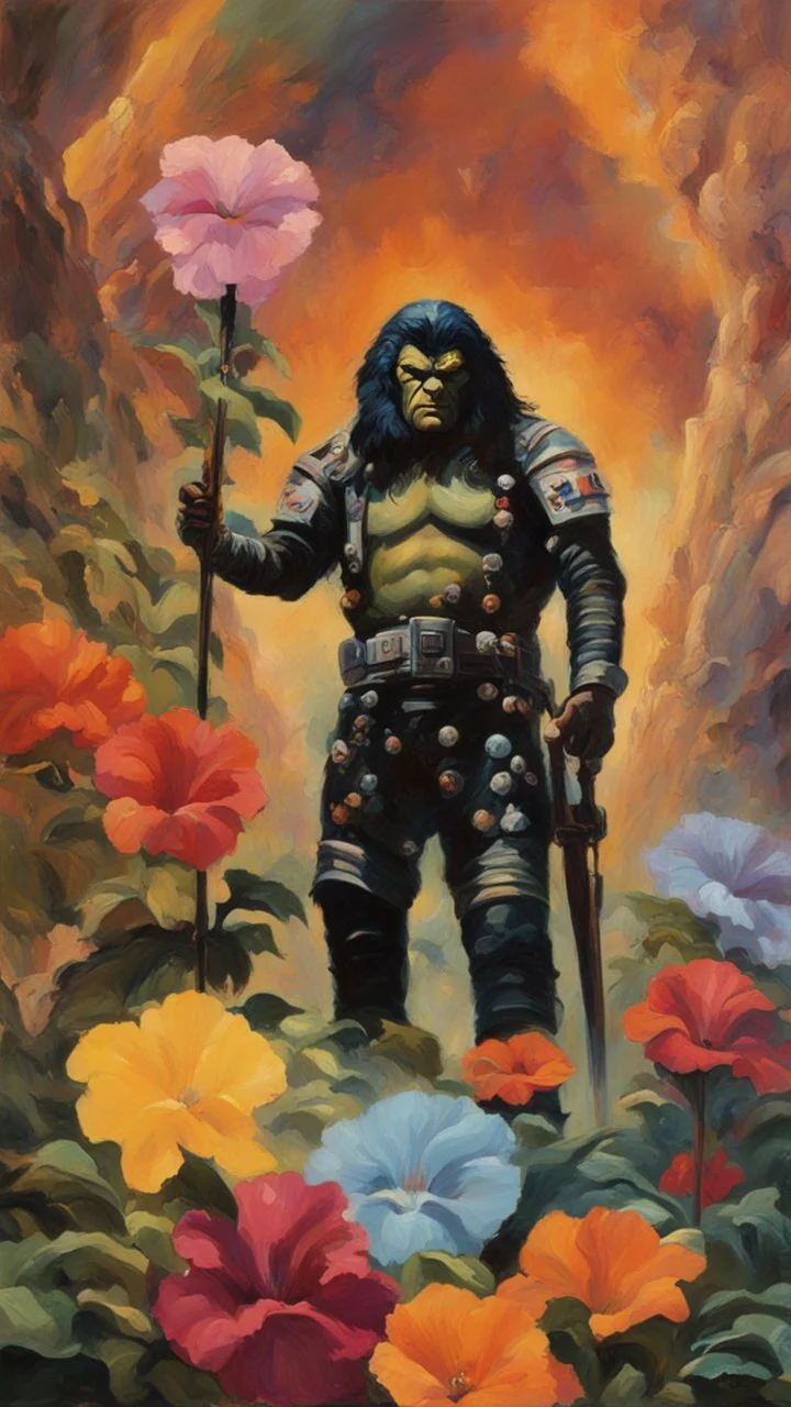 mugshot, Planet of the Vulcans, multicolored, large, floral designs, atmospheric, beautiful, oil painting by Frank Frazetta, 4k UHD, Photorealistic, professional quality