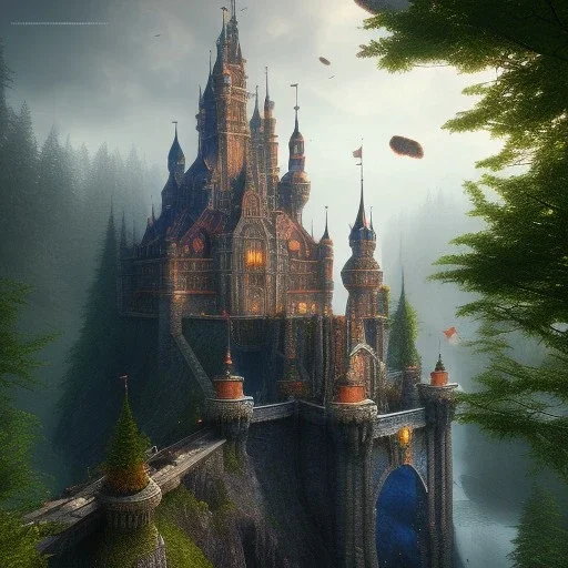 fantasy castle,utra realistic,highly detailed, masterpiece, sharp focus,volumetric lighting, Vibrant, color Scheme, forest, trending on artstation, ultra photoreal,hypermaximalist, unreal engine