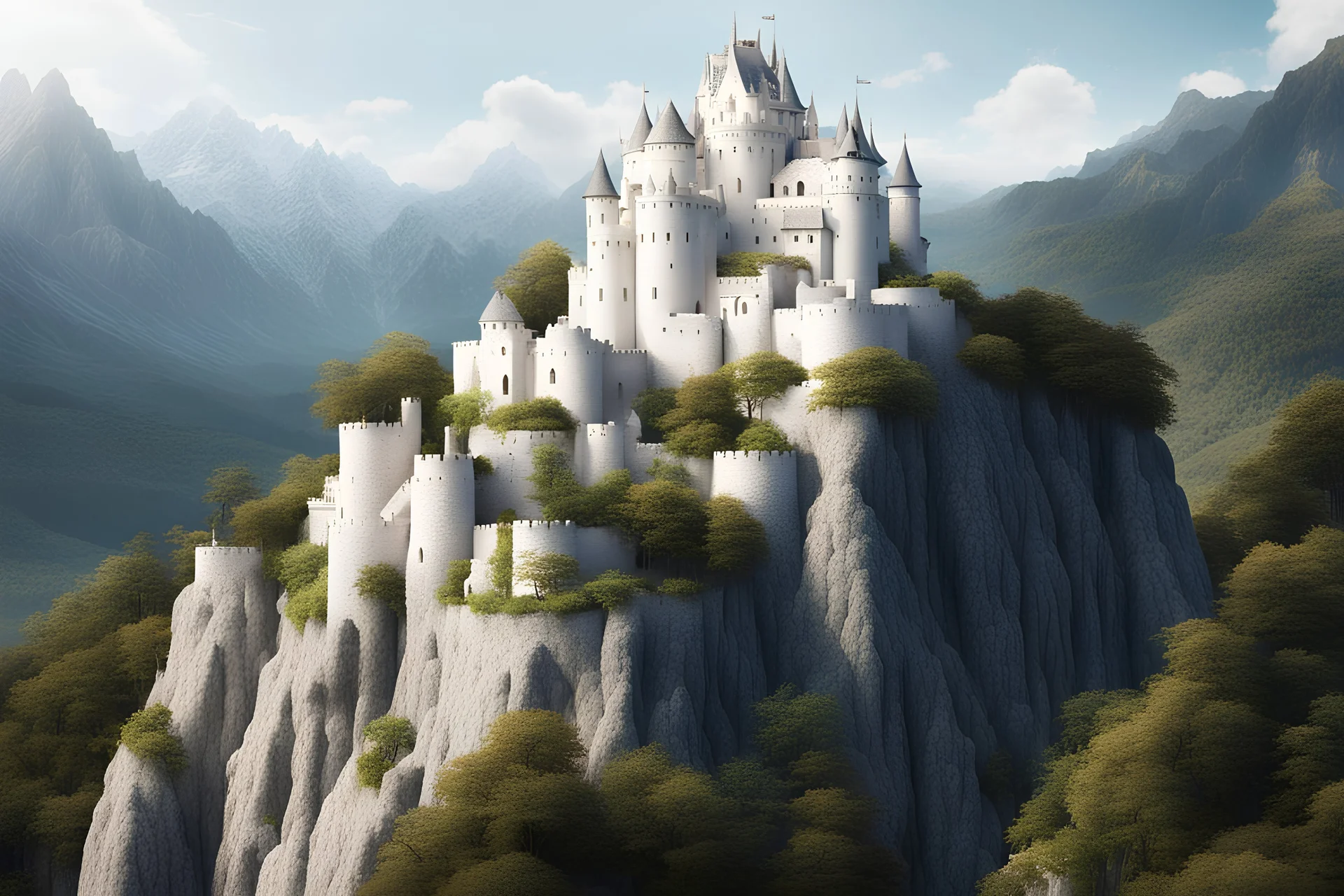 white castel thats sitting on top of a mountain that dose'nt have alot of trees and theres water behind the mountain