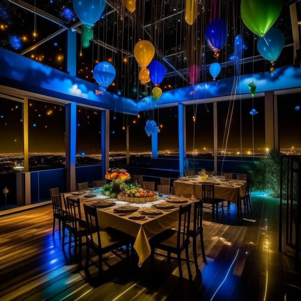 birthday party in the sky at night, on the clouds, with colorful light bulbs, garlands, pennants, balloons, confetti, party spirit, music, the stars shine and dance, jasper johns style