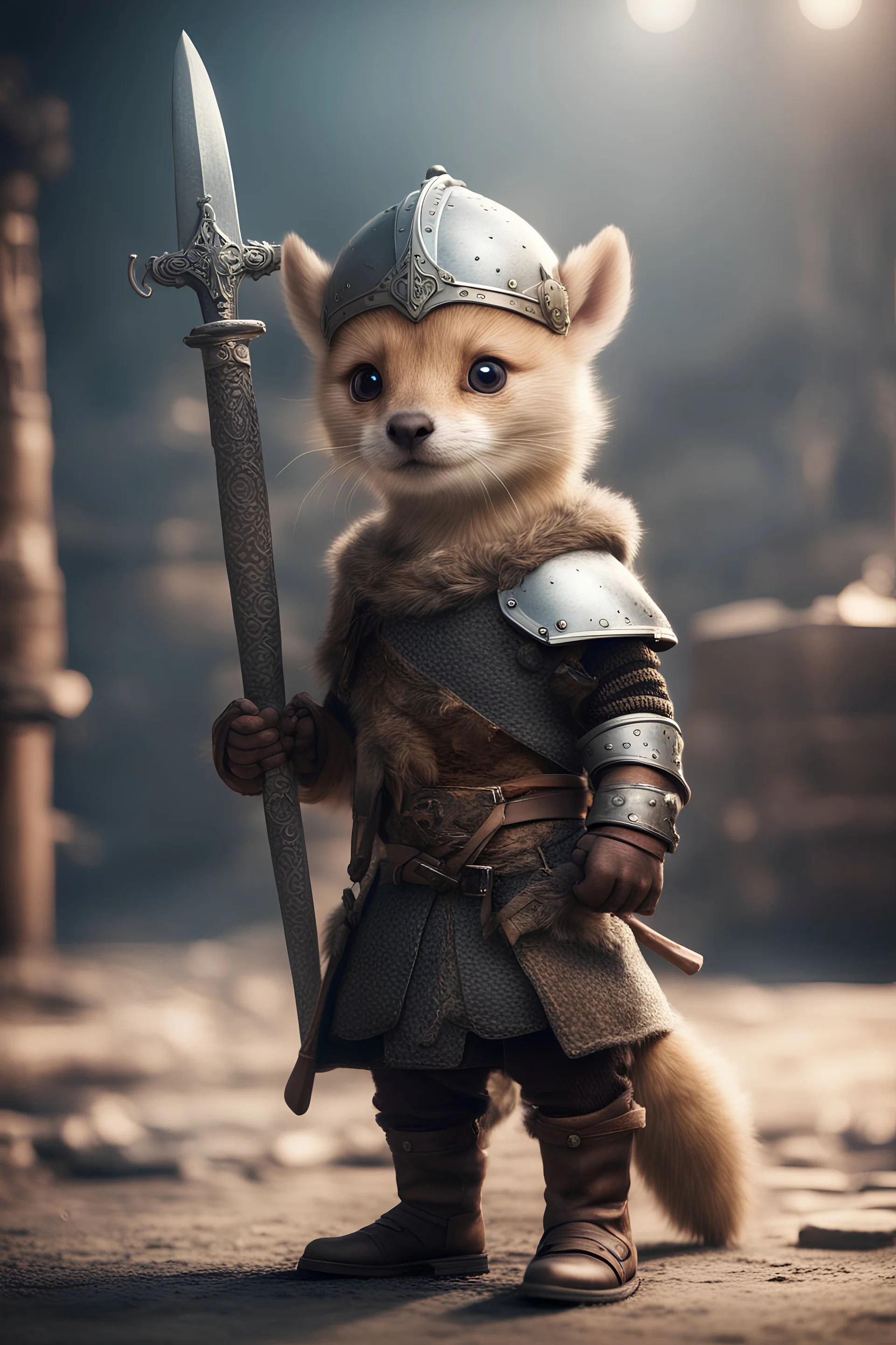 portrait of cute fast historic strong viking weasel with viking gloves, helmet & boots holding ornate viking sword in fallout 4 setting, bokeh, downlight, prize winning, depth of field, in the style of ivo caprino