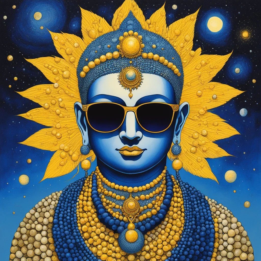 [art by Dorohedoro] A mysterious and majestic scaly Buddha, adorned with sunglasses, a large collar of wooden pearls, and blue snaky scales, lies contemplatively with his bald head in his hand. His yellow skin radiates an aura of ancient wisdom and cosmic connection, as the gleam of his sunglasses reflects the swirling stars and galaxies around him, hinting at his profound ties to nature and the universe.