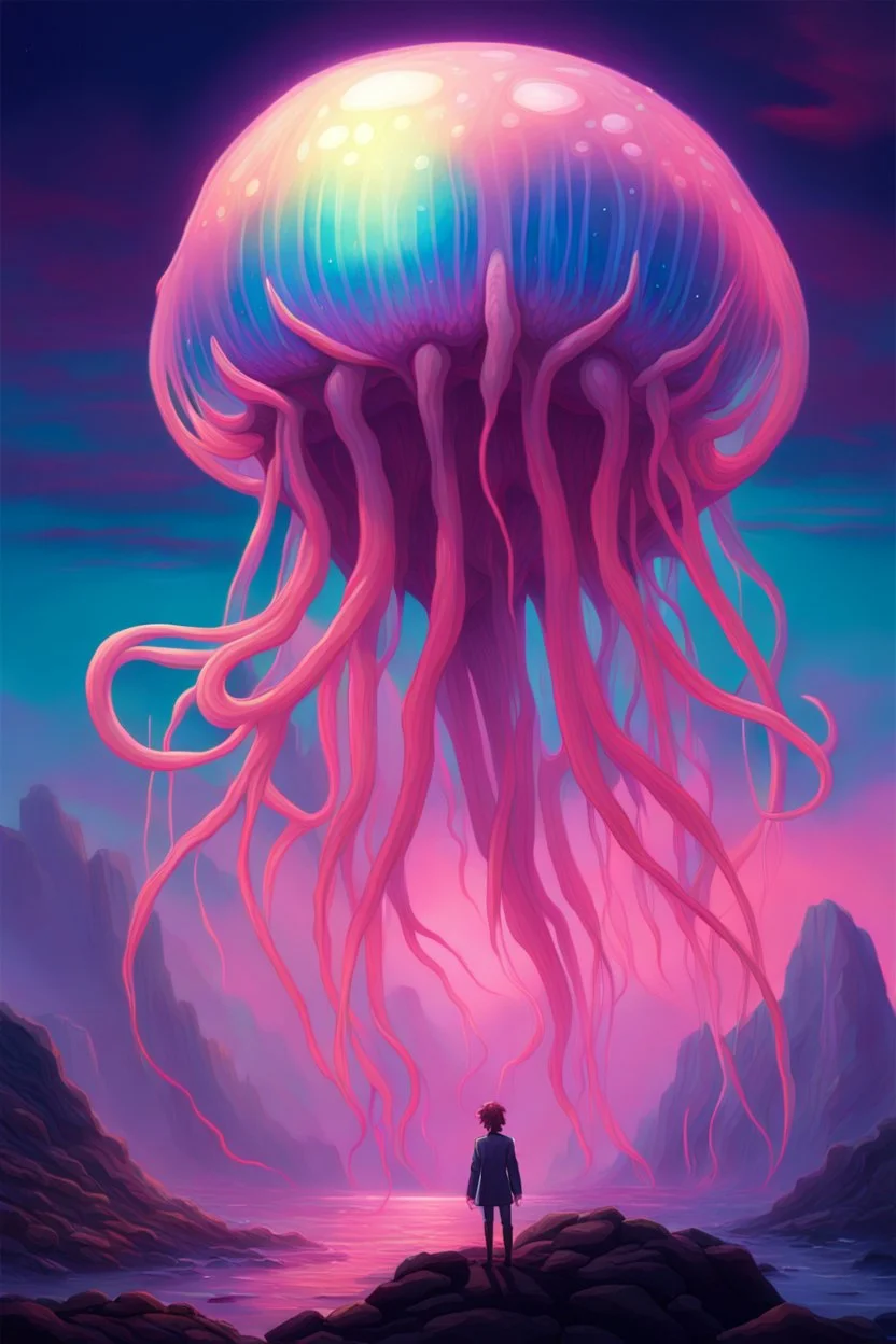 DALL-E 3 P: P: A stunning oil painting in anime style depicting a scary yet colorful creature with translucent, luminous qualities like a jellyfish. The creature has many detailed, iridescent eyes, multiple arms, and large ears. This creature is set against the backdrop of an incredible alien paradise planet at sunset, with vibrant colors and exaggerated perspective. The masterpiece showcases mother of pearl iridescence and holographic whites, creating a terrifying and horror-like atmosphere. Th