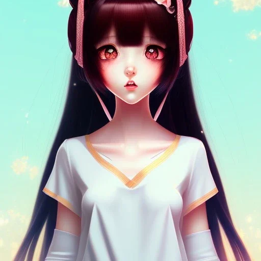 Japanese girl with big brown eyes and long black hair with bangs, cute, beautiful, kawaii, anime, cartoon