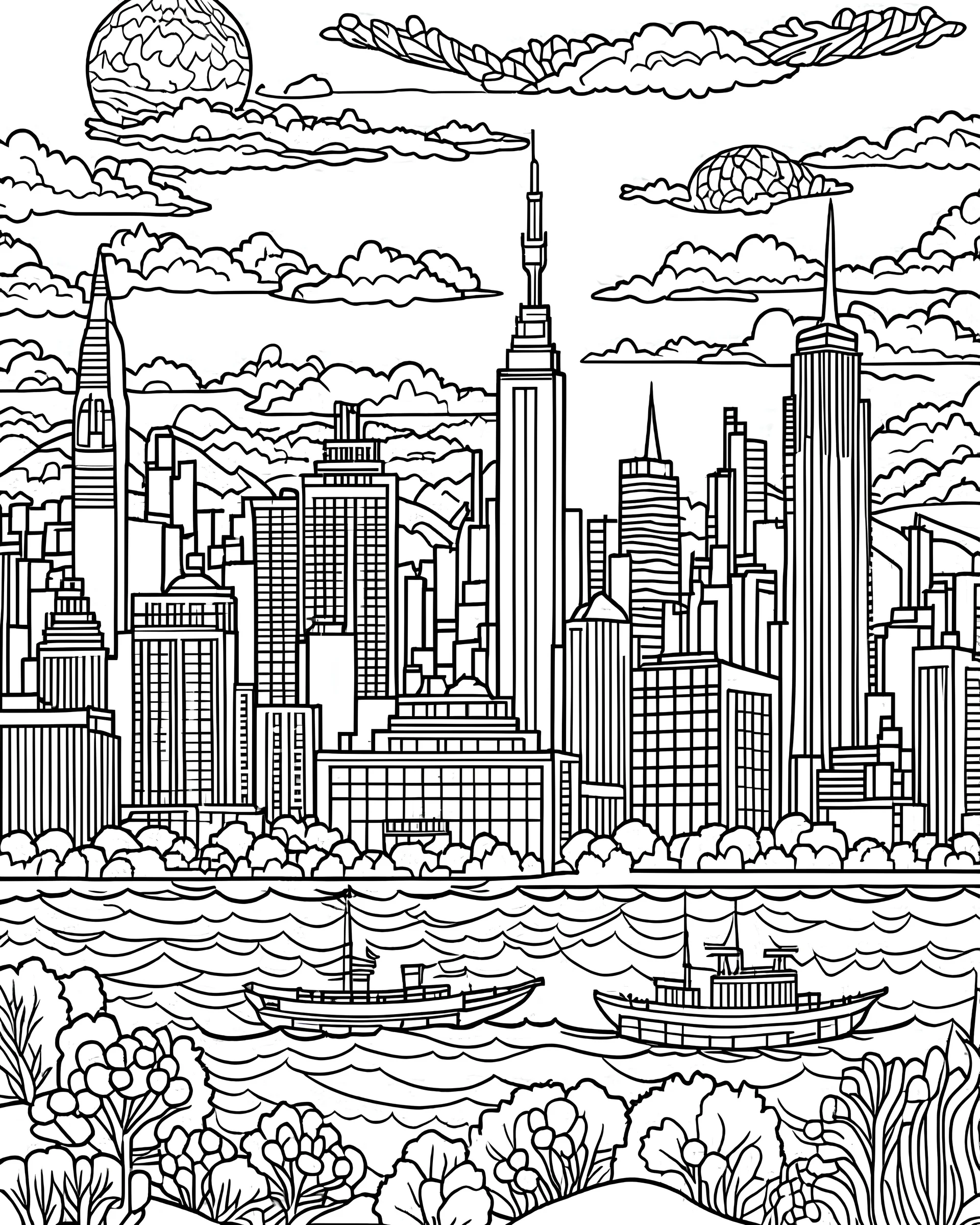 New York City view in the sea coloring page, full body (((((white background))))), only use an outline., real style, line art, white color, clean line art, white background, Sketch style.