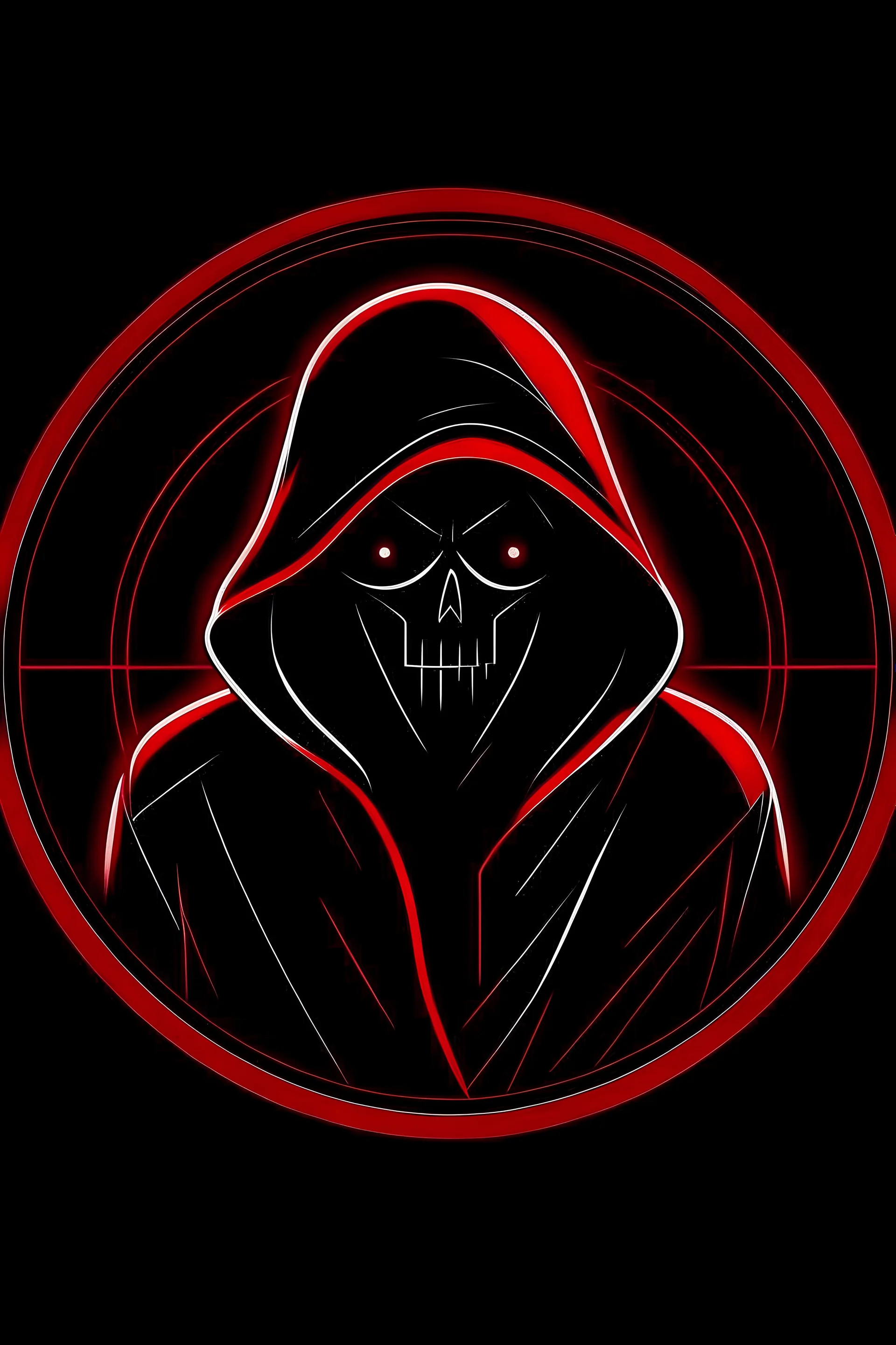 generate a high quality red and black ghost logo for a software security company. Use only simple shapes and lines. The ghost shape almost appears to be a hacker wearing a hoodie. The camera should be directly in front with symmetry horizontally. The face should be made up of code symbols like {};:()`", etc. and look dark and mysterious. The entire logo is encapsulated by a perfect circle. A blood red and black color theme should be used.