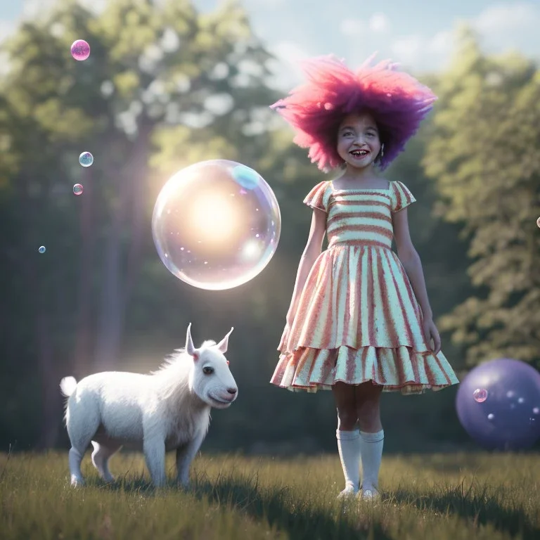 Ultra realistic circus scene. Sweet big hair monster. Child’s playing, smile, happy, color bubbles, smooth color, waist up view, Wes Anderson style, dark ambient, highly detailed, concept art, unreal engine 5, god rays, ray tracing, RTX, lumen lighting, ultra detail, volumetric lighting, 3d, finely drawn, high definition, high resolution.