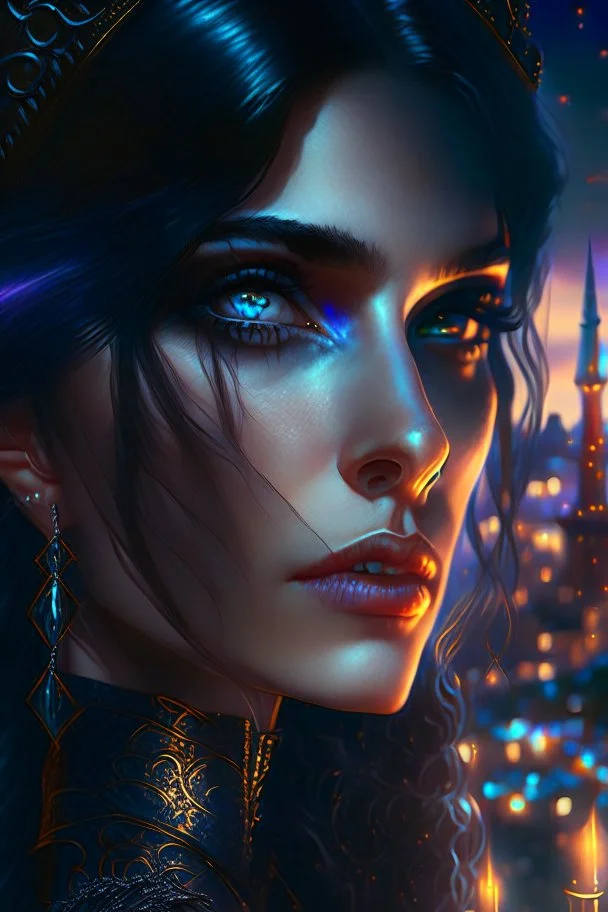 close up portrait of beautiful futuristic gothic biolumiscent italian girl, dark hair , breathtaking view on town, pure black, lovely place, evening, lights, candles, sparkles, breathtaking view, alluring, Royo, detailed, masterpiec detailed painting Unreal Engine