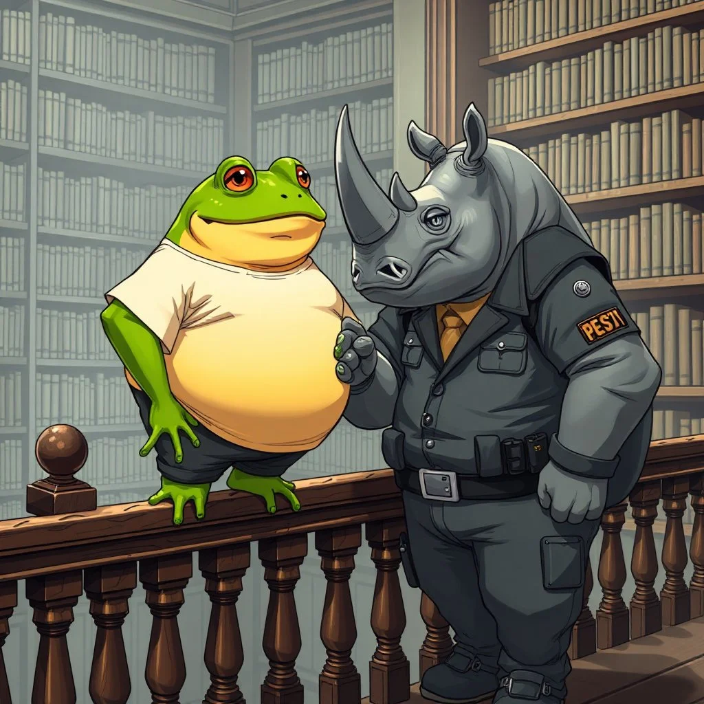 close up anime illustration very fat yellow and green color big anthropomorphic frog in simple t-shirt and pants stands and elbowing on an old wooden railing next to each other and talking with a strong gray anthropomorphic rhinoceros without horns in modern security guard clothes, they talking and elbowing on an old wooden railing next to each other, in background a bibliothek with tall book shelves, detailed sci-fi, fantasy mood