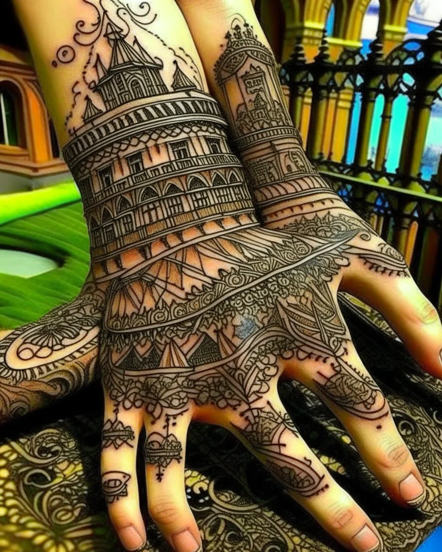 An old castle with elements, tactics, and biology in Mehndi design