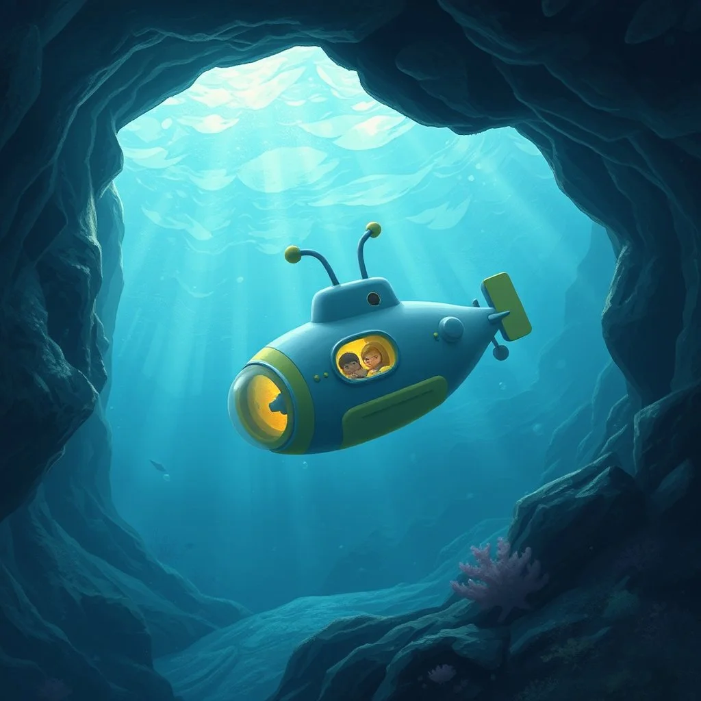 fantasy, a little submarine, traveling through an underwater cave