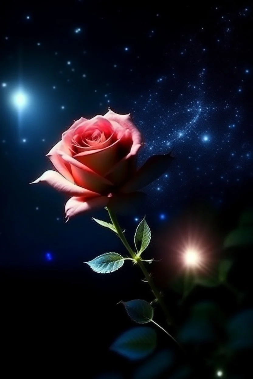 delicate rose, night, bright stars, shine magic