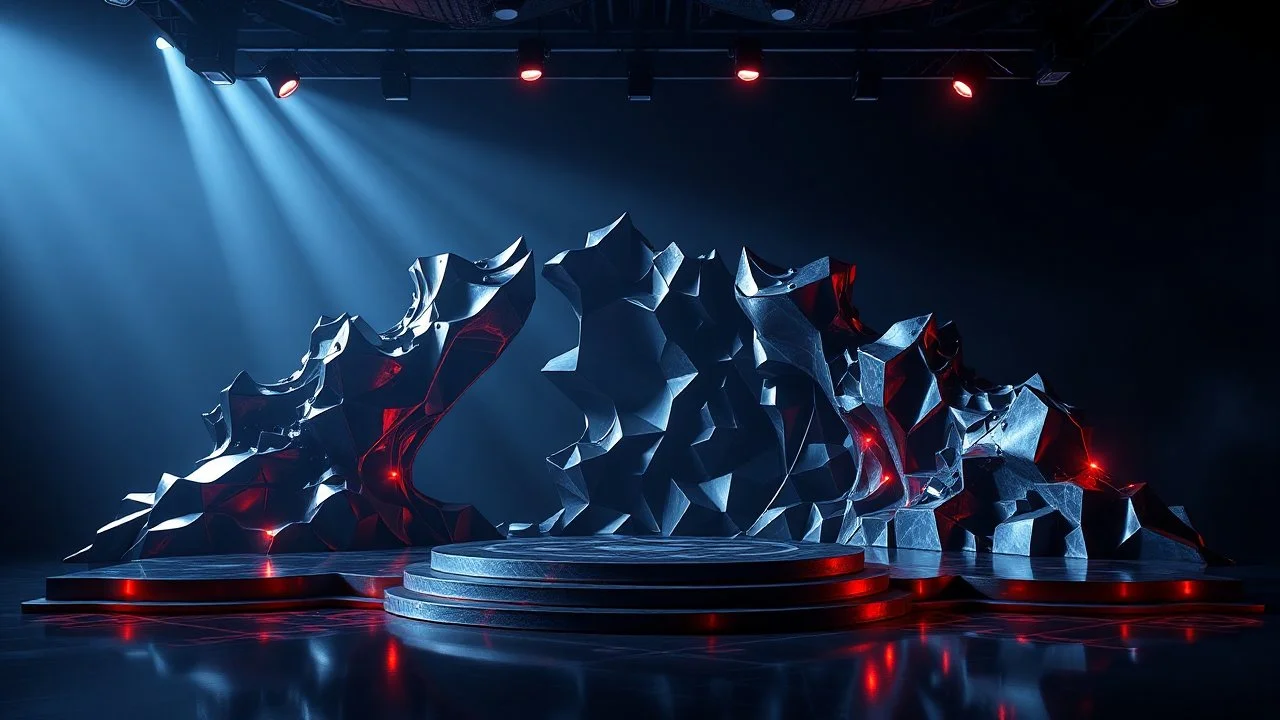 a 3d fractal stage structre made of metallic dark color 3d structures, pertty artistc background,dynamic lights