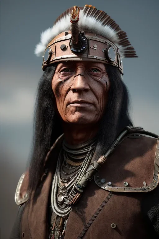 steampunk , brutal native american chief ,apocalypse set , dark sorrow,