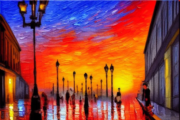 Sunset in the street, impressionism painting