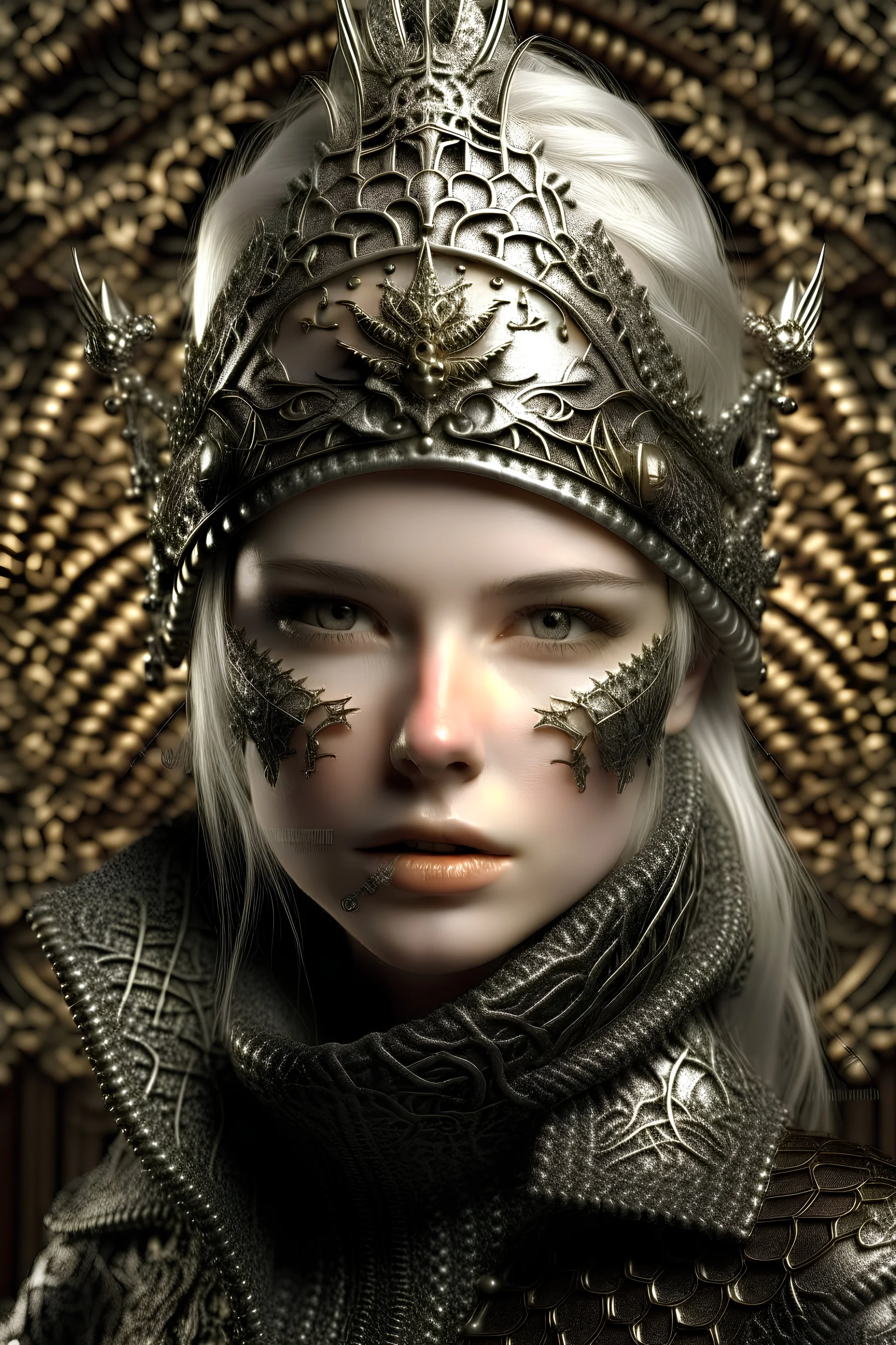 Beautiful faced young blond winter queen woman, wearing silver goth punk metallic filigree embossed floral face masque, adorned with goth punk silver metallic diadem headress, wearing steampunk style leather jacket dress ribbed with silver floral metallic filigree embossed pattern, organic bio spinal ribbed detail of goth punk backround extremely detailed maximalist hyperrealistic concept art