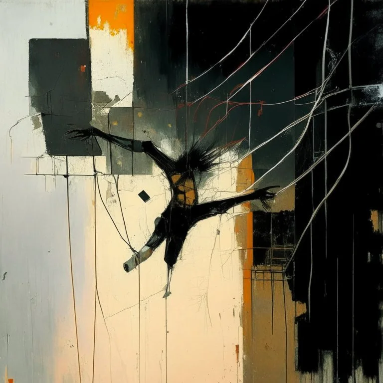 Minimal abstract oil painting of a falling person limbs sinew. Amongst concrete fragments brutalist architecture and hanging wires illuminated at night. In the style of Justin Mortimer and Phil Hale and Ashley Wood