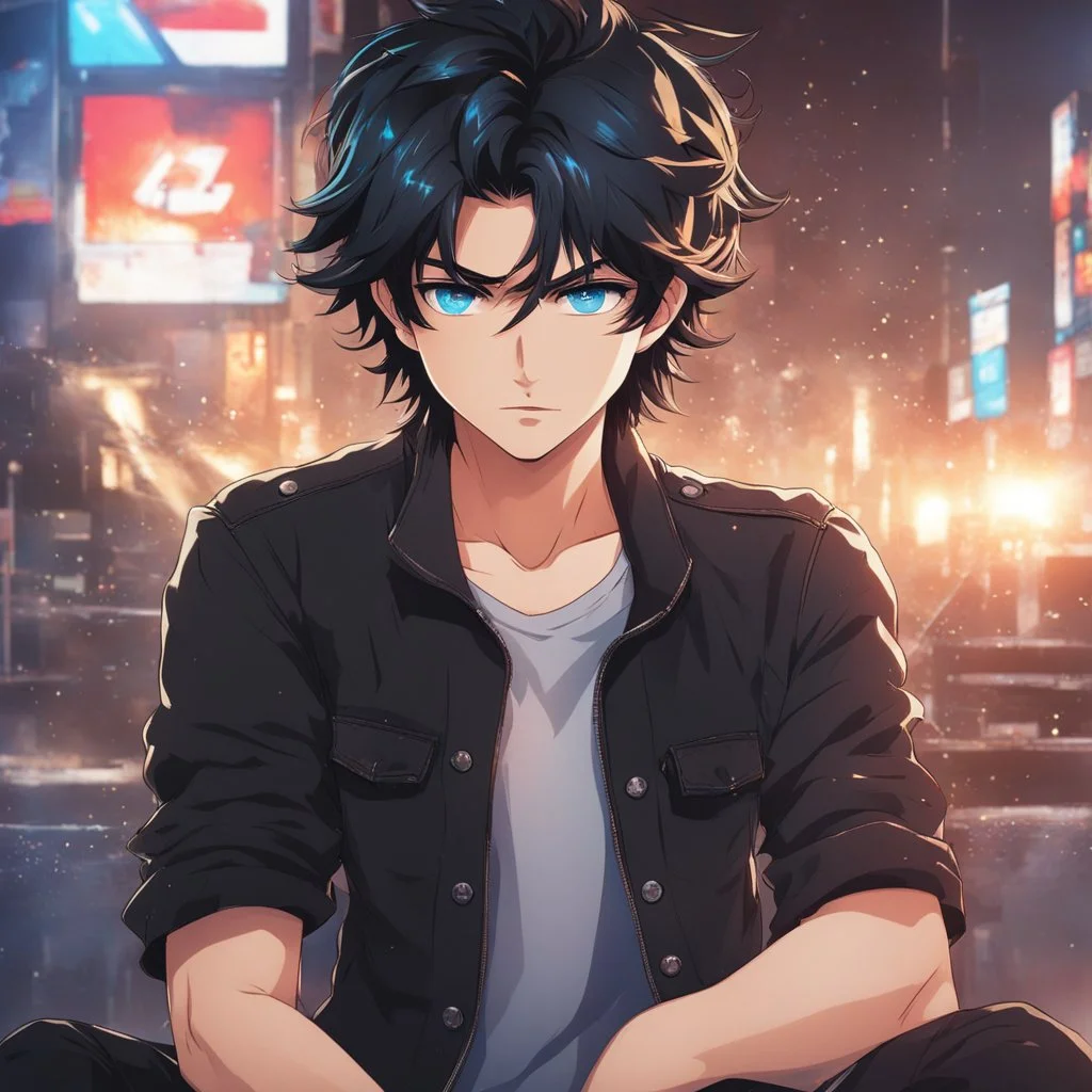 (masterpiece), (anime style), award winning, close up, centered, headshot, looking toward camera, messy black hair, young man, blue eyes, modern intricate background, dynamic lighting, depth of field, ultra detailed, (epic composition, epic proportion), 2D illustration, professional work, black clothes