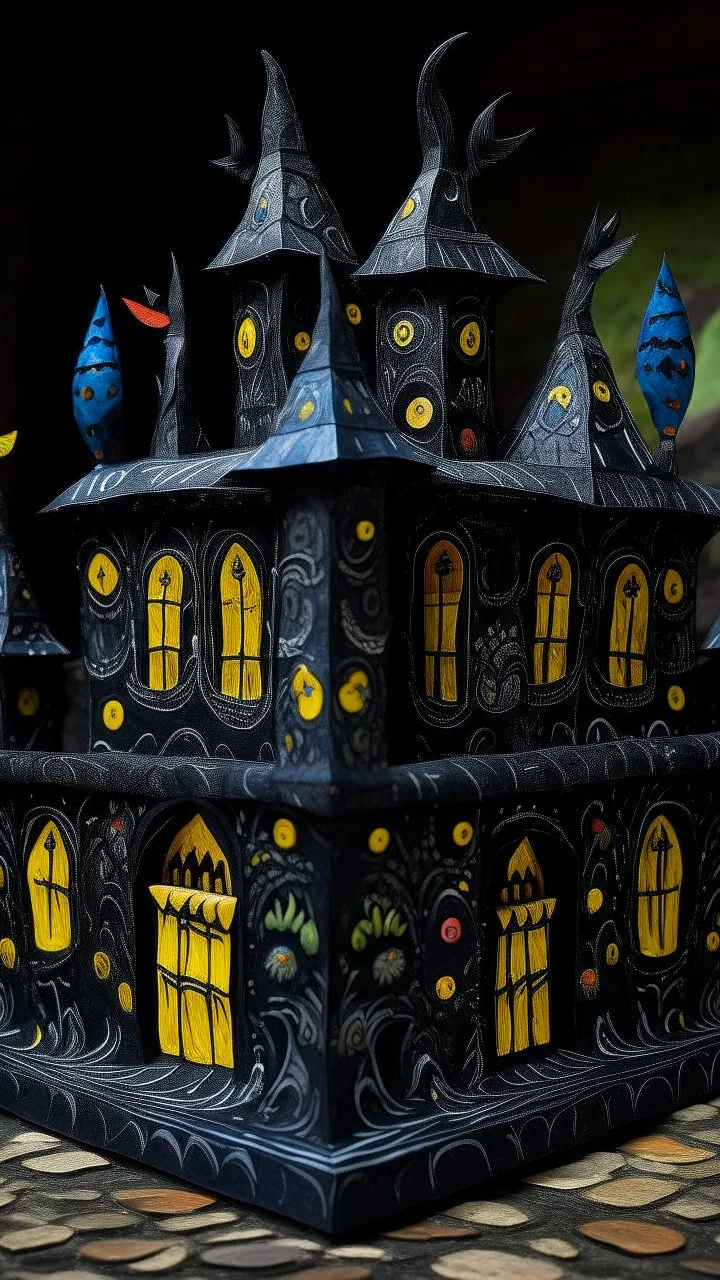 A black vampire castle in space designed in Oaxacan alebrijes painted by Vincent van Gogh