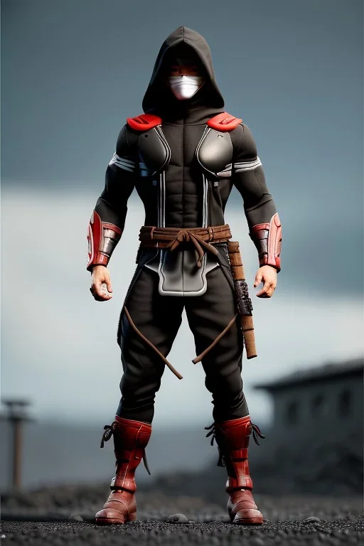 muscular ninja assassin, athletic build, wearing black and red baggy pants with pockets, dark hood and balaclava mask, tan skin, big boots, dark hazel eyes, eyes are both in proportion and green, 3/4 look, short brown hair, large arms and hands, standing, dark cobblestone alley, one halo white light behind head, non photorealistic rendering in the art style of j.scott campbell