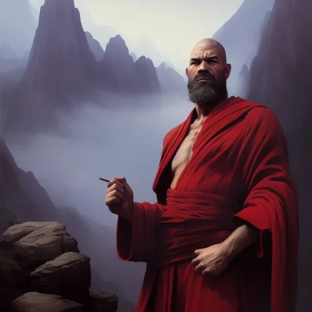 Portrait of a monk, red robe, mountain background, fog, face front, grimdark, Frank Frazetta, Greg Rutkowski, hyperdetailed, dnd, trending on Artstation, Splash screen art, dynamic lighting, hyperdetailed, intricately detailed, a masterpiece, 8k resolution, high contrast, bearded,