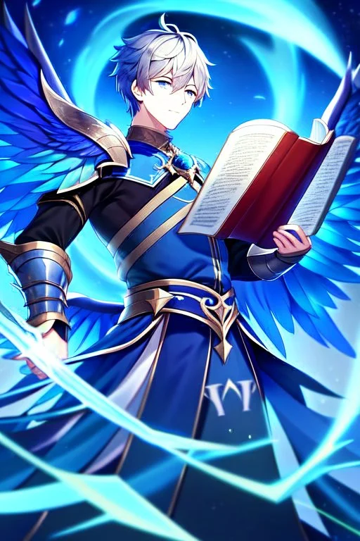 a person in runic armor with blue wings, blue short hair, runic tattoo and spell book, male