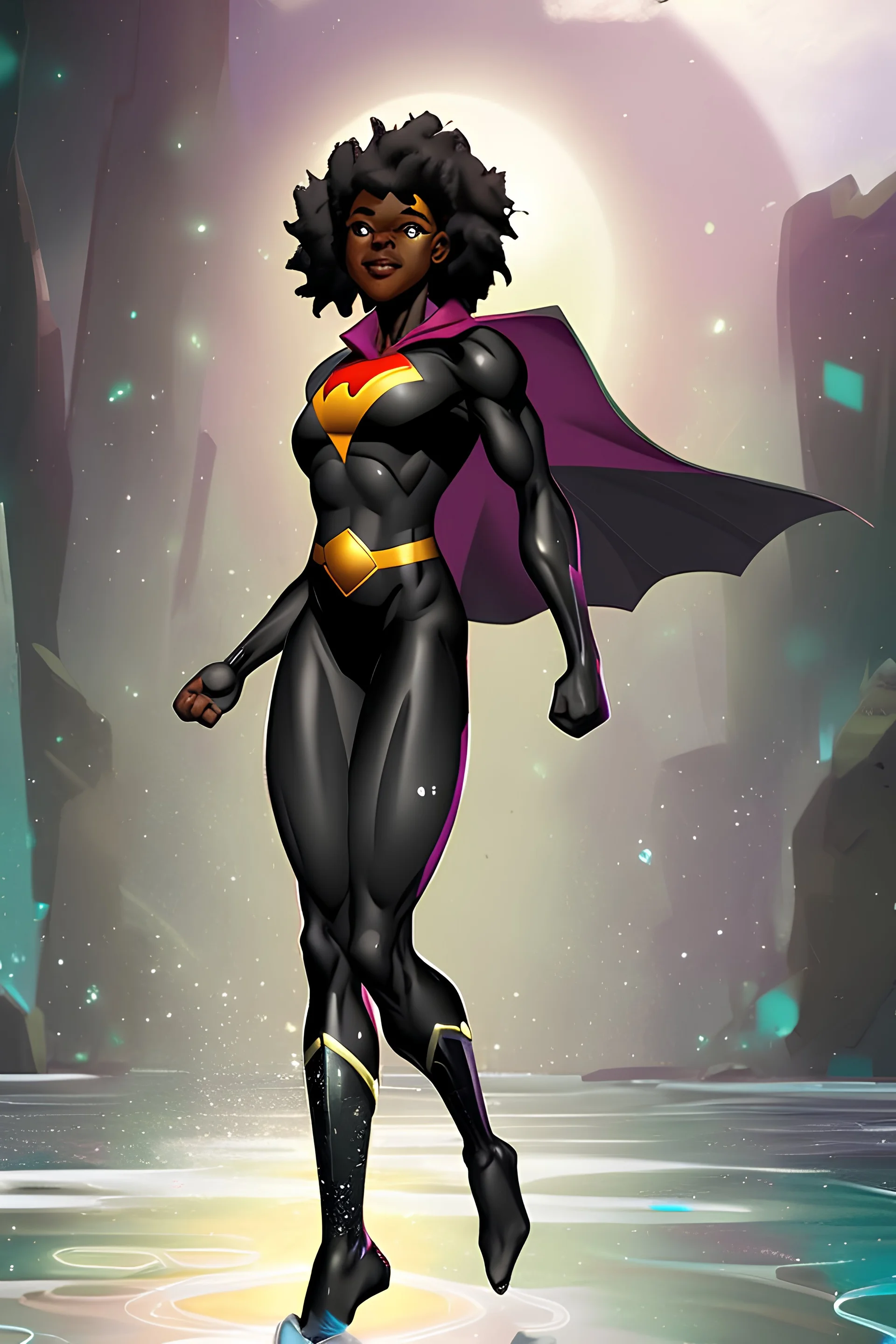 A black female superhero with water powers full body