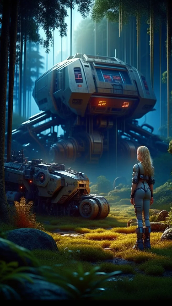 Wide-angle, woman with straight hair, dressed like a robot, with equipment in her hands, next to a crashed spaceship, in a clearing on an alien jungle world