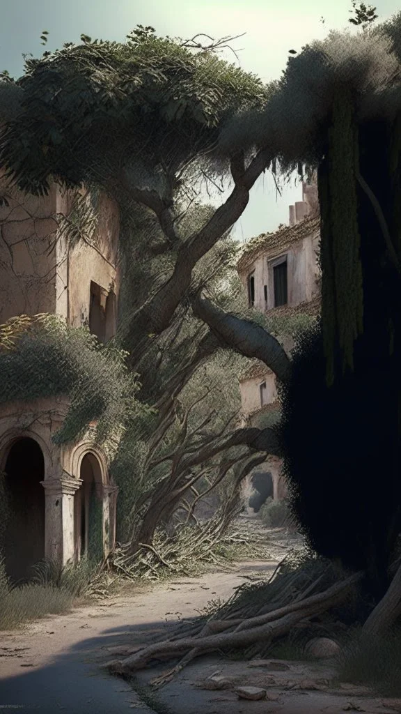 ruined street with bushes and trees