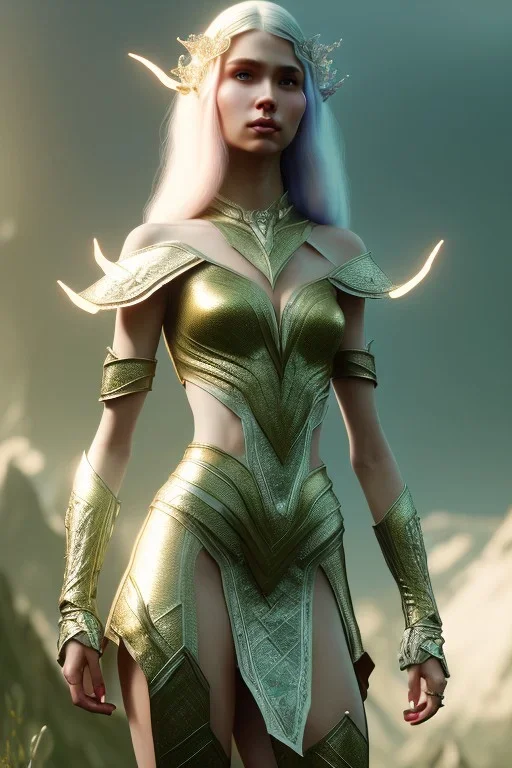 elven young woman, wearing light dress, visible ultradetailed cute femine face armonious legs feet and hands, luminous weather, field in the mountains, ultra realistic, concept art, intricate details, highly detailed, photorealistic, octane render, 8 k, unreal engine, art by artgerm and greg rutkowski and charlie bowater and magali villeneuve and alphonse mucha