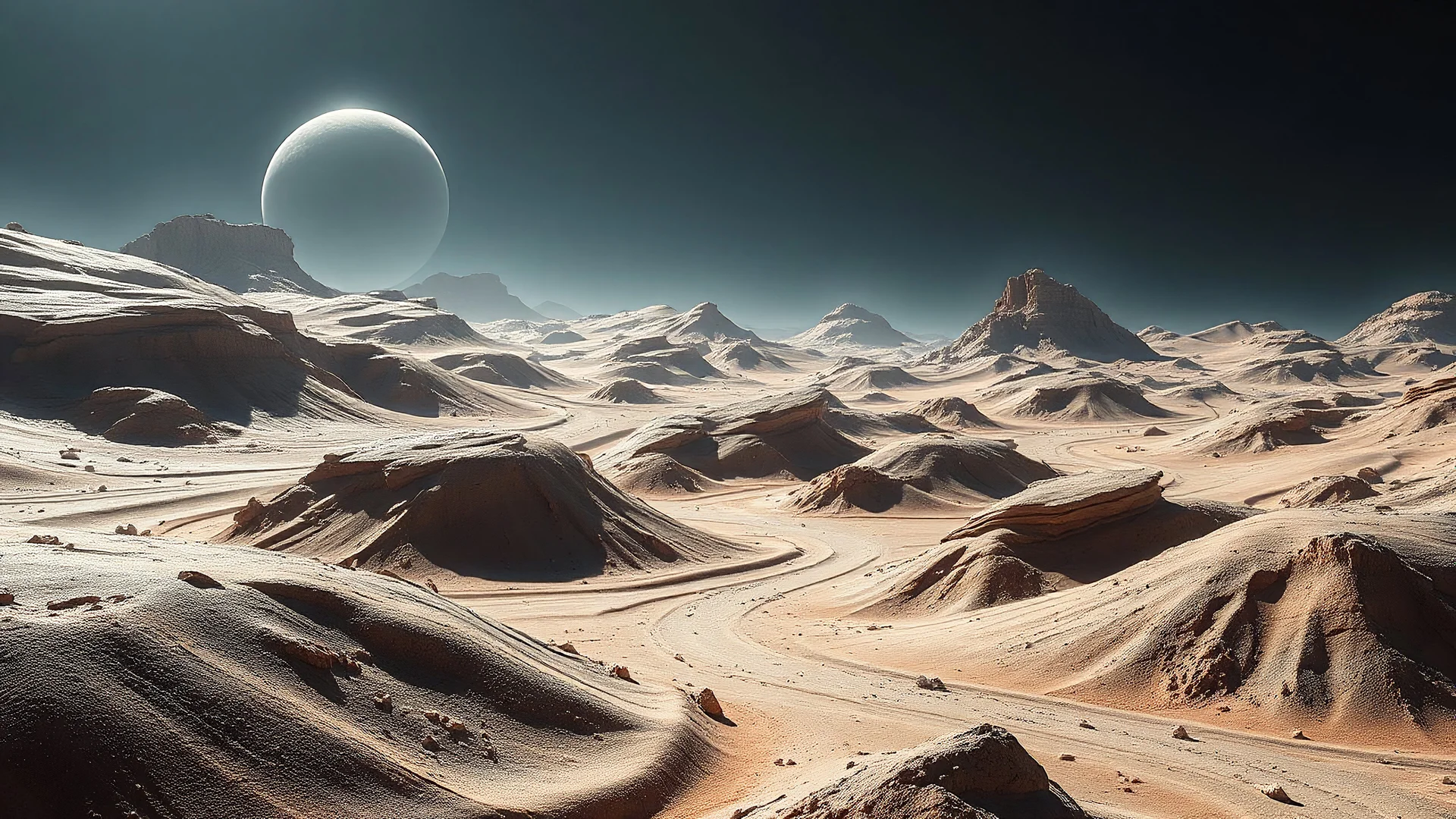 landscape made of mud that looks futuristic with futuristic lighting, realistic rendering