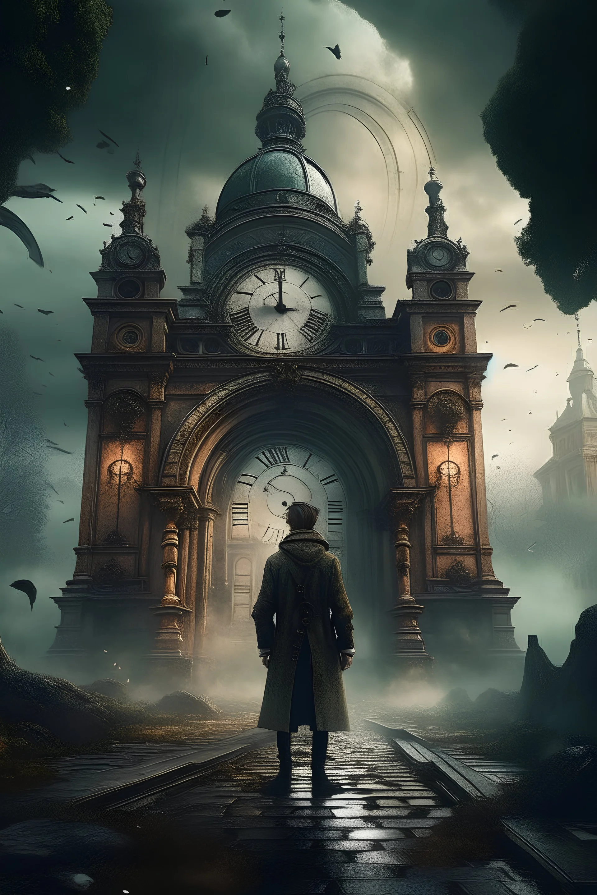 A person wearing a jacket in front of an abandoned palace, the palace defiantly, an exploding gate, a huge clock, a cinematic scene, rain and a storm، fantasy Art