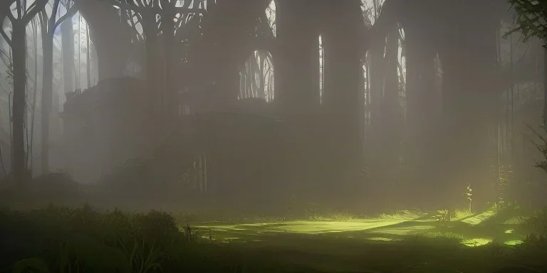 Ruined overgrown castle deep in a misty forest, light rays, dynamic lighting