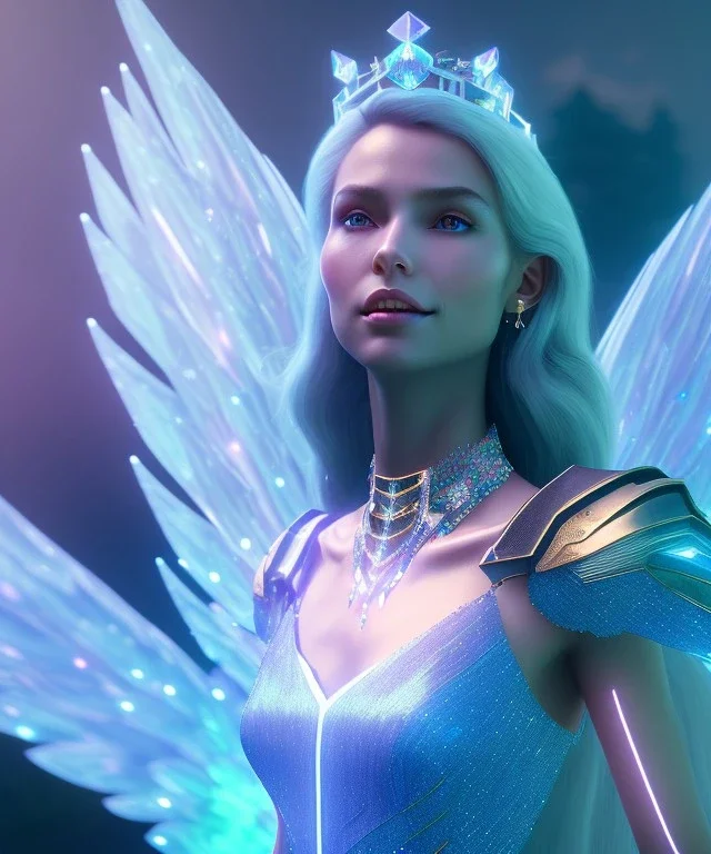 A smiling crystalised queen, atmospheric, realistic, unreal engine, cinematic lighting, octane render. blue, pink, transparency, light, shine,bright, full body, transparent wings, blonde, long hair, nice smile