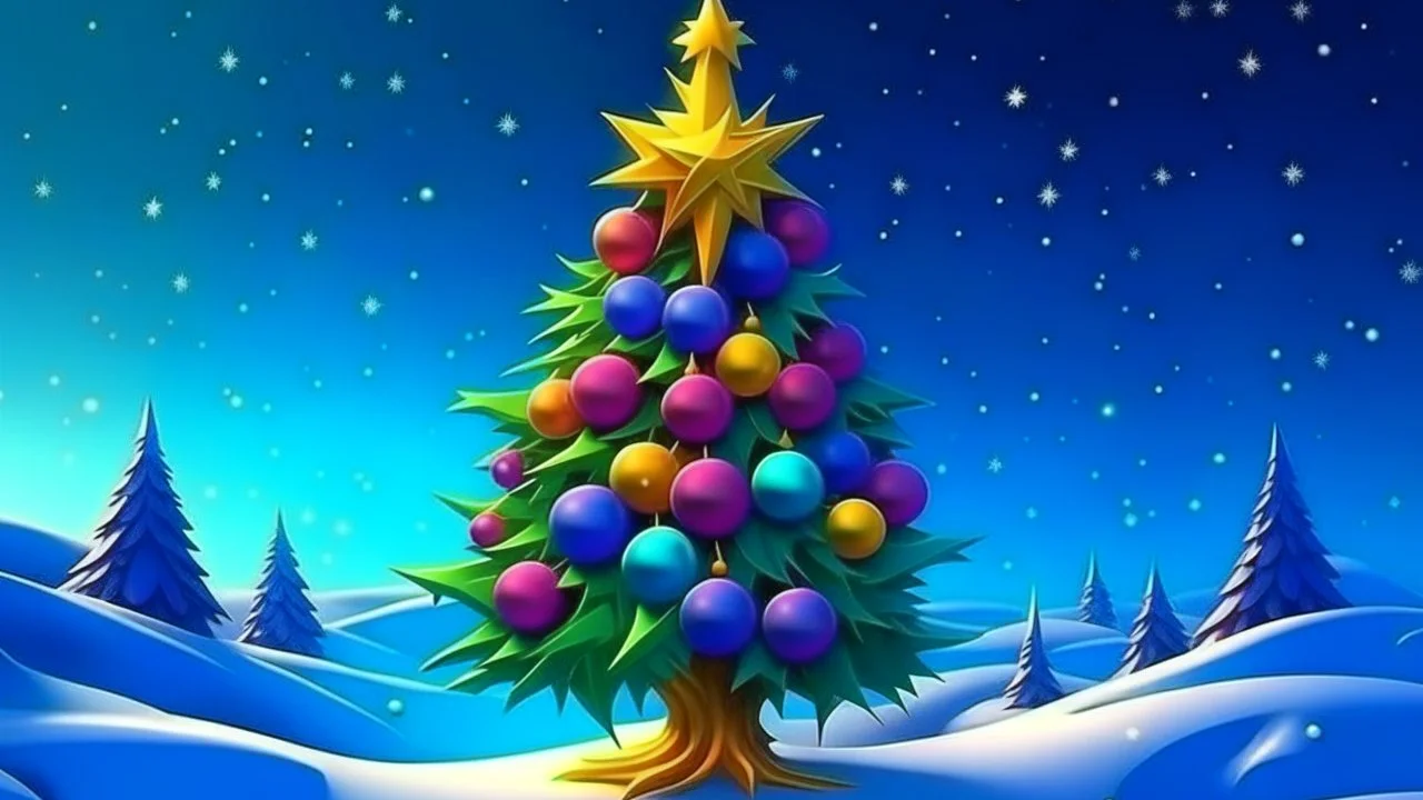 fantasy cartoon illustration: a golden star on top of the tall Christmas tree, decorated wit blue, red and purple Christmass balls, in the snow