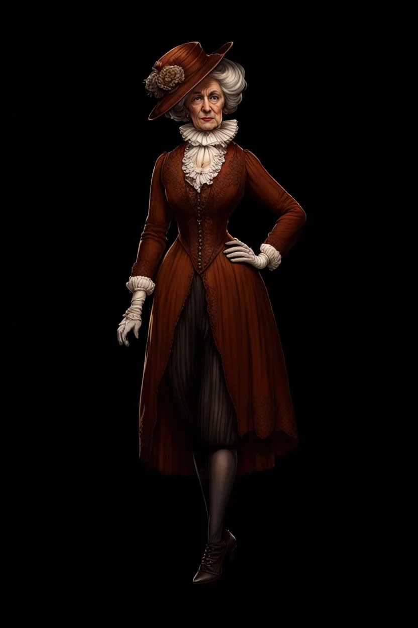 warm but stern aunty victorian era, posh british accent influenced, high born facial features dnd character on a solid black background, full body image, high quality realistic.